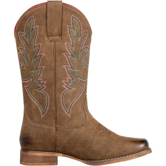J's.o.l.e Women Brown Cowboy Boot Square Mid Calf Pull On Fashion Embroidered - Picture 3 of 9